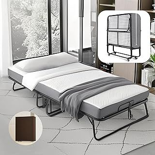 200 x 90cm Twin Size Folding Bed for Adults with 13cm+ Mattress, Sturdy Portable Foldable Bed on Wheels with Storage Cover, Folding Guest Bed, Rollaway Bed with Metal Frame, Cot Size Extra Bed