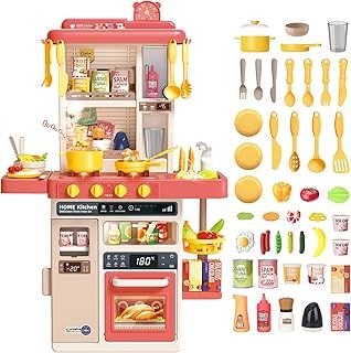 Kitchen Playset Toy with Realistic Lights & Sounds, Kids Play Kitchen Set with Simulation of Spray Features, Pretend Role Play Toys with Lots of Kitchen Accessories Gift for Toddlers (Pink)