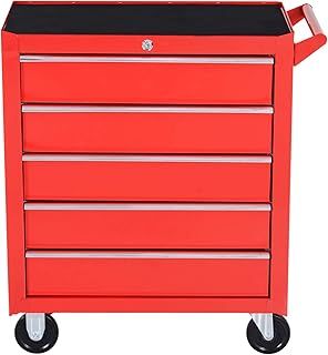 DURHAND Professional 5 Drawer Roller Tool Cabinet Storage Box Workshop Chest Garage 4 Smooth Wheels Wheeling Trolley w/Handle - Red