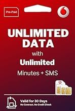 Vodafone Unlimited SIM Card. Preloaded with Unlimited Data Minutes for 30-days. NOT Pay as you Go. Compatible with Vodafones UK Network, and 25GB of roaming in 70+ EU and International nations