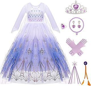 Elsa Dress up for Girls Kids Princess Costume with Crown Magic Wand Wig Accessories Elsa Dress Princess Elsa Fancy Dress Outfit for Girls Birthday Party Cosplay World Book Day Carnival Dress Up