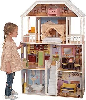 KidKraft Savannah Wooden Dolls House with Furniture and Accessories Included, 4 Storey Play Set with Swing Chair and Canopy Bed for 30 cm/12 Inch Dolls, Kids' Toys, 65023