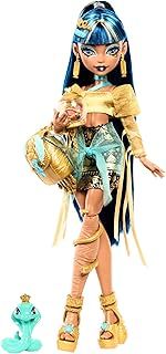 Monster High Cleo De Nile Doll in Golden Blouse and Layered Skirt, Includes Pet Cobra Hissette and Accessories like a Backpack, Snack and Scroll, HXH74