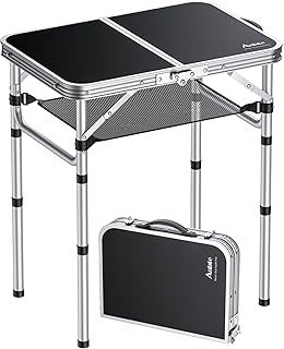 Anbte Folding Camping Table, Aluminum 59cm x 40cm Picnic Table with Storage Net 2ft Portable Tables Adjustable Waterproof Lightweight Foldable for Outdoor Indoor Garden Beach Backyard(3 heights)