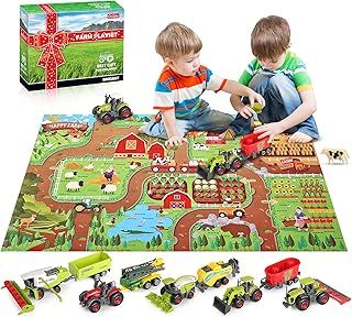 Oriate Diecast Farm Tractor Toys with Animal & Activity Play Mat, 38 Piece Educational Realistic DIY Child's Farm Vehicle Set for Kids, Including Pretend Play Rug Harvester Cropcutter Cow Horse