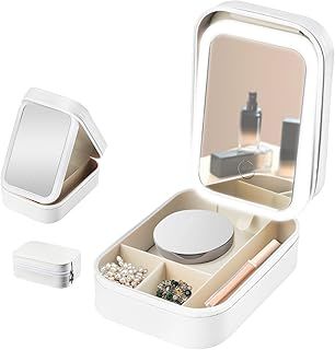 Travel Makeup Bag with Mirror, Portable Cosmetic Box with Adjustable Dividers, Vanity Cases with 3 Color Modes Light, Organiser Bag for Makeup Brushes & Lipstick