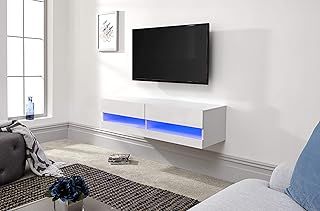 GFW Galicia Wall Mounted High Gloss Featuring A LED Downlight, This Floating TV Unit Console & Television Stand for Living Entertainment Room with Storage Shelves, Melamine, White, 120cm