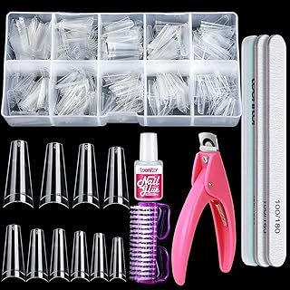 Clear Nail Tips, Artificial French Acrylic Press on Nails Set, 500 Pcs Coffin Half Cover Natural False Nails with Nail Glue Nail Files Buffer Shiner Nail Clipper & Nail Brush by Teenitor,