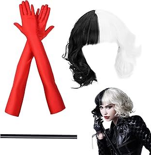 3 Pieces Women Black White Cosplay Wigs with 1920s Long Red Gloves and Holder Halloween Carnival Costume Vintage Fancy Dress Short Bob Party Wig (3 pcs) (VIKSAUN-hbdftz)