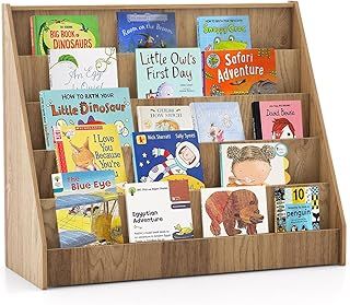 COSTWAY Wooden Kids Bookshelf, 5 Tier Children Bookcase with Deep Compartments, Back Storage Space, Front-Facing Books Display Rack for Playroom, Daycare, Kid’ Room (Natural)