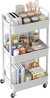 Sywhitta 3-tier Storage Rack on Wheels, Kitchen & Office Utility Cart, Rolling Rack for Bedroom & Bathroom, White