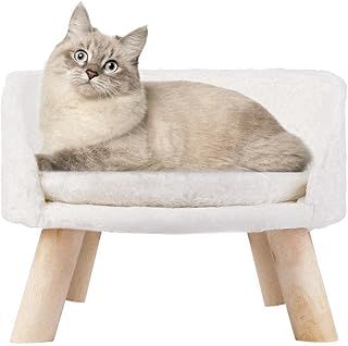 Cat Sofa Chair Bed: Elevated Nordic Pet Stool Bed with Removable Waterproof Mat - Raised Plush Fur Dog Kitten Couch with Wooden Legs Frame (Dia 40cm)