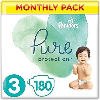Pampers Baby Nappies Size 3 (6-10 kg / 13-22 lbs), Pure Protection (Harmonie), 180 Count, MONTHLY SAVINGS PACK, Premium Cotton & Soft Plant-Based Fibres