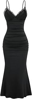 Women's Lace Ruched Spaghetti Straps Bodycon Maxi Dresses Cocktail Party Pencil Long Dress Evening Gowns