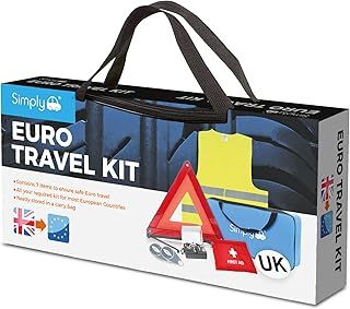 ETK1 Europe Travel Kit. 7 Piece Set includes Warning Triangle, Reflective Vest, Headlight Beam Converters, UK Plate, Bulb Kit and FIRST Aid Kit