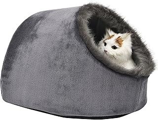 Cat Small Dog Cosy Igloo Bed Nest Warm Soft Calming Nest Fluffy Kitten Puppy Cuddly House Hideout Cave with Cushion, Grey