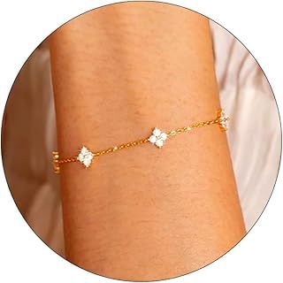 Aidenn Silver Bracelet for Women Girls 925 Sterling Silver Link Chian with Cubic Zirconia Cute Clover Charm Adjustable Dainty Trendy Jewellery