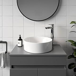 Countertop Basin for Bathroom and Cloakroom Hand Wash Basins Sink Modern White Gloss Round, 352 x 352mm
