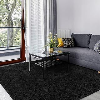 Living Room Area Rug, 80x150 cm Small Soft Fluffy Shaggy Solid Carpet for Bedroom Dorm Nursery Bedside Kids Room Lounge Office, Non-Slip, Washable Throw Rug for Home Decor, Black