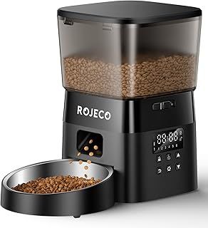 ROJECO Automatic Cat Feeder, 2.4G WiFi APP Control Cat Feeder, Dual Power Supply Pet Feeder with Stainless Steel Bowl, Time & Portion Programmable 10 Meals, 1 to 20 Portions Per Meal Suitable for Pet