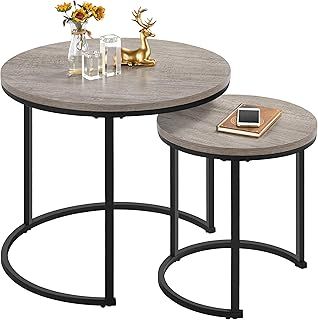 Yaheetech Round Nesting Coffee Table Set of 2, Stacking End Side Table with Metal Frame, Sofa Tea Table for Small Space/Living Room/Bedroom, Grey, 60 x 60 x 50.5cm