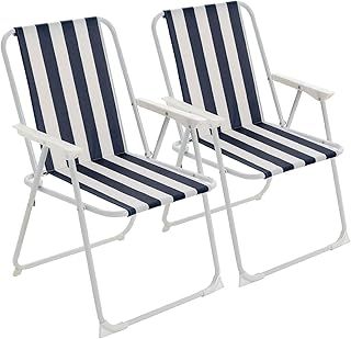 Harbour Housewares Folding Beach Deck Chairs - Blue Stripe - Pack of 2 - Metal Outdoor Patio Seat Lightweight Portable Deck Chair for Picnic, Garden, Camping, Fishing