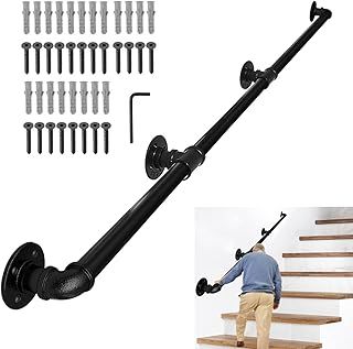 Lechansen Stair Handrail for Indoor & Outdoor, 3 Meter/10FT Black Banister Staircase for Steps, Wrought Iron Pipe Handrail Wall Mount Balustrades Grab Bars for Stair Railing Support -3.2cm Diameter