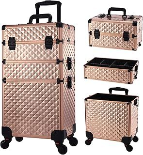 Stagiant Professional Makeup Trolley Box 3 Tiers Vanity Rolling Case Cosmetic Organiser Box Beauty Case On Wheels Storage Case Lockable with Locks, Rose Gold