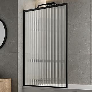Matt Black Square Framed Fluted Over Bath Shower Screen 6mm Toughened Safety Glass Panels 800mm Bathroom Reversible Screen