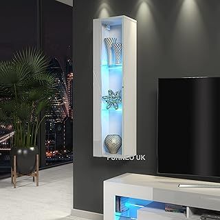 White Glass Floating Display Cabinet Tall Wall Unit Art01