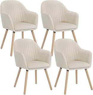 WOLTU Cream White Kitchen Dining Chairs Set of 4 PCS Upholstered Counter Lounge Living Room Corner Chairs with Arms & Backrest Solid Wood Legs Reception Chairs Velvet Tub Chairs Armchairs