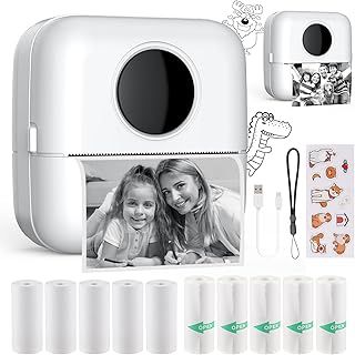 HuiJuKeJi Mini Printer, Portable Printer with Sticker and 10 Rolls of Thermal Paper and Self-Adhesive Thermal Paper Built-in 1200mAh Battery Inkless Photo Printer for Android IOS (X5 White)