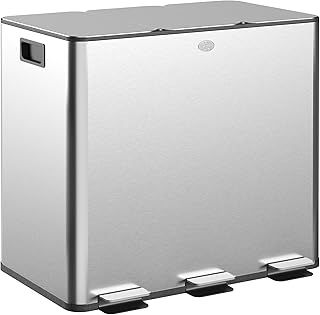 HOMCOM Triple Kitchen Bin, 3 x 15L Pedal Bin, Stainless Steel Three Rubbish Bin with Removable Inner Buckets, Soft Close Lid, Fingerprint-Proof for Recycling and Waste, Black