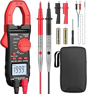 Proster Clamp Meter - TRMS 2000 Counts Auto-Ranging 600A AC Current 600V AC/DC Voltage NCV Continuity Resistance Diode Hz Temperature with Backlit Flashlight Test Leads Alligator Clips Storage Bag