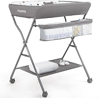 Baby Changing Table with Wheels, Portable Adjustable Height Folding Diaper Station with Nursery Organizer & Storage Rack for Newborn Baby and Infant(lightgrey)