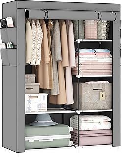 Canvas Wardrobe, Pop up wardrobe, Fabric Wardrobes Shelves with Hanging Rail, 105 x 45 x 165 cm, Great temporary wardrobe for bedrooms