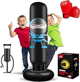 Punching Bag for Kids 160cm Inflatable Ninja Kids Punching Bag with Boxing Gloves and Pump Boxing Bag for Practicing MMA Karate Taekwondo and to Relieve Pent Up Energy