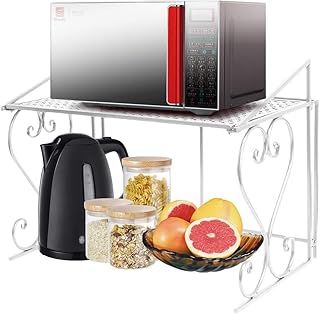 P&B Stable Microwave Shelf Stand Metal Microwave Oven Rack Single Layer Kitchen Storage Organiser Countertop Space Saver for Small Kitchen Bathroom (White)
