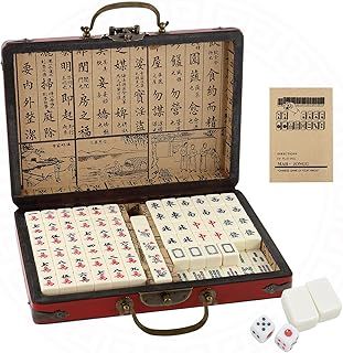 Dyna-Living Mini Chinese Mahjong Set, Solid Structure Easy To Read Mah Jongg Game, 144PCS Mahjong Tiles, 2PCS Dice & Leather Carrying Case Box, Complete Majong Game Set for Travel, Party, Family