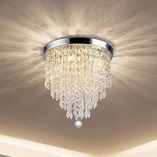 Luxurious Crystal Chandeliers Lighting, K9 Chandelier Crystals Ceiling Lights,φ300mm, Bead Lampshade with Clear Acrylic Jewel Droplets, Flush Mount LED Ceiling Light for Dining Room Bedroom Livingroom