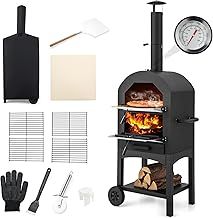 COSTWAY Outdoor Pizza Oven, Portable Wood Fire Pizza Maker with Waterproof Cover, Chimney and Pizza Stone, Charcoal BBQ Grill Camping Pizza Cooker (no Side Storage Shelves, 64 x 53 x 162 cm)