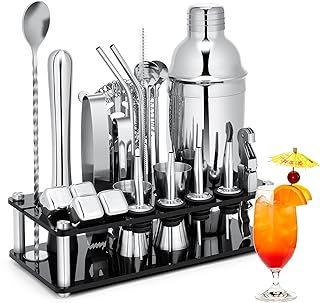 Cocktail Shaker Set, 23-Piece Stainless Steel Bartender Kit with Acrylic Stand & Cocktail Recipes Booklet, Professional Bar Tools for Drink Mixing, Home, Bar, Party (Include 4 Whiskey Stones)