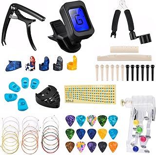 Guitar Accessories Kit - 63 PCS Beginner Tools Including Strings, Bridge Pins, Scale, Fretboard Sticker, Picks, Bridge Saddle and Nut, Tuner, Capo, 3 in 1 String Winder, Finger Picks