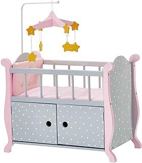Olivia's Little World Polka Dot Princess Wooden Baby Doll Crib with Storage Underneath, Cushions, and Mobile, Grey/Pink