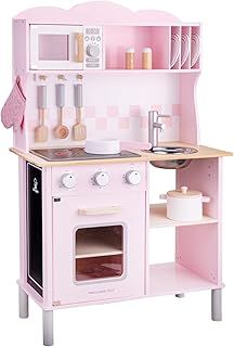 New Classic Toys 11067 Wooden Pretend Toy Kitchen for 3Y+, for Kids Included Accessoires-Comes with Electric Cooking Plate-Makes Sound, Pink