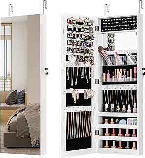 COSTWAY Jewellery Cabinet, Door Hanging/Wall Mounted Jewelry Armoire with Full Length Mirror, Inner Makeup Mirror and Large Storage, Bedroom Lockable Cosmetics Jewellery Organiser Unit (Rustic Brown)