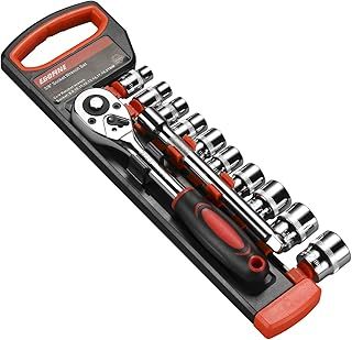EGOFINE 12pcs 3/8 Inch Ratchet Socket Wrench Set, Drive Socket Set with 10 Sockets 8-14,17,19,21mm and 2 Way Quick Released Ratchet Handle and Extension Bar