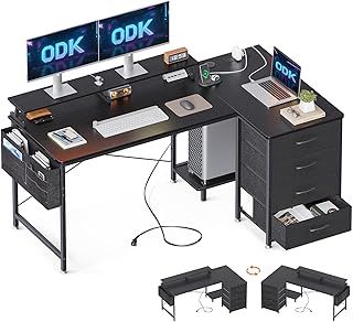 ODK Corner Desk with Drawers, L Shaped Computer Desk with USB Charging Port & Power Outlet, Home Office Desk with Monitor Stand and PC Stand, 140x80cm Gaming Desks Workstations, Black