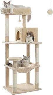 PAWZ Road Cat Tree 143cm, Big Cat Tower 56.3 Inches with Hammock and Lovely House, Activity Center Stable and Sturdy Size L Beige