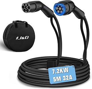 J&D Type 2 EV Charging Cable, to Cable with Carry Bag, | 1 Phase 32A 7.2KW 5 Meters, for Electric Vehicle Model S/X/Y/3, Zoe, ID.3, ID.4, E-Tron, e-208, i3, Kona EV, etc, 1-phase 32A (Black)
